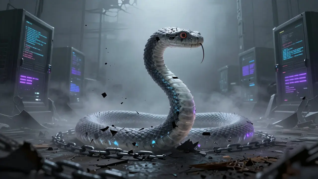 Un serpent numérique décomposé dans une arène virtuelle abandonnée et brumeuse