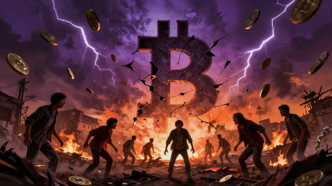 Un symbole Bitcoin fissuré au-dessus d'un paysage chaotique et brûlant à El Salvador