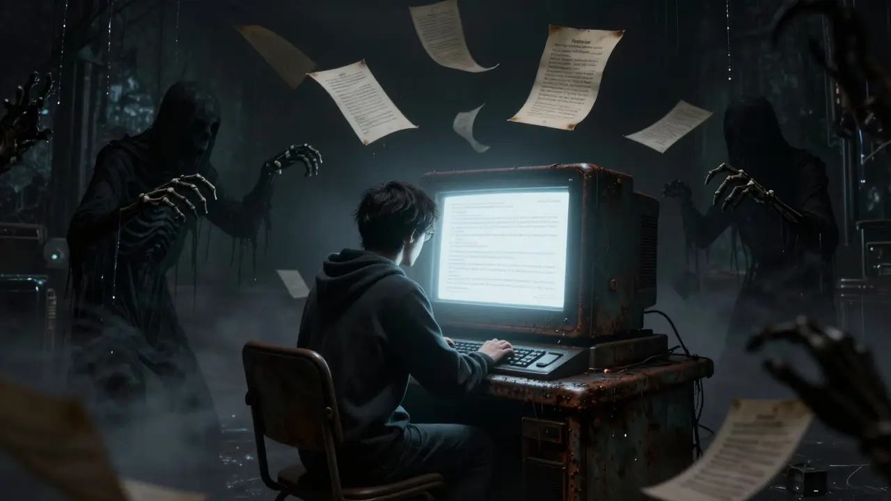 Un utilisateur isolé est surveillé par des ombres squelettiques sous la lumière aveuglante de la blockchain.