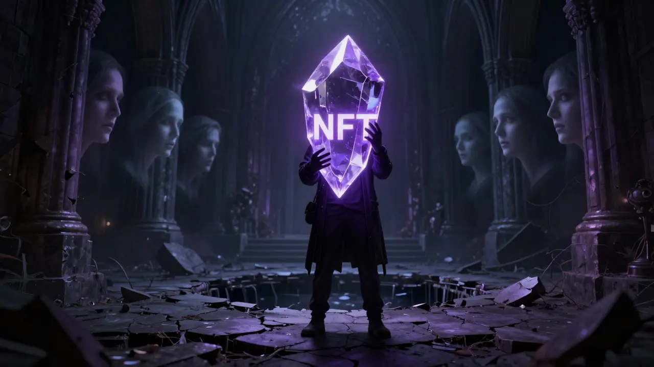 Un utilisateur seul tient un cristal NFT lumineux dans une cathédrale gothique en ruines.