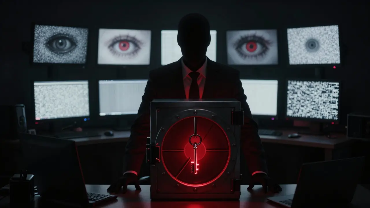Une entité sans visage menaçante derrière un bureau obscur