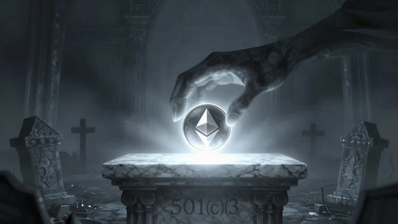Une main fantomatique offre une crypto à un autel caritatif dans une lumière divine.