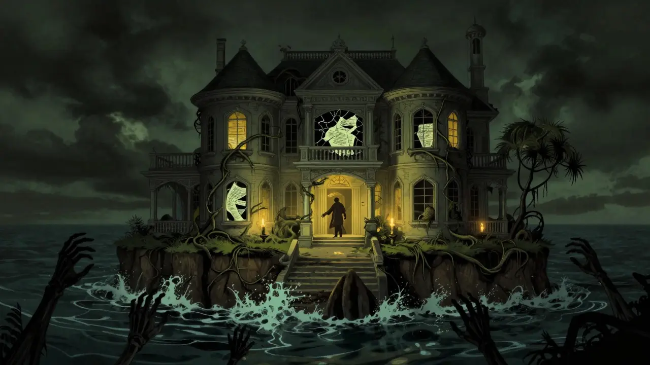 Une maison hantée aux Îles Caïmans avec des mains squelettiques émergeant de l'eau noire