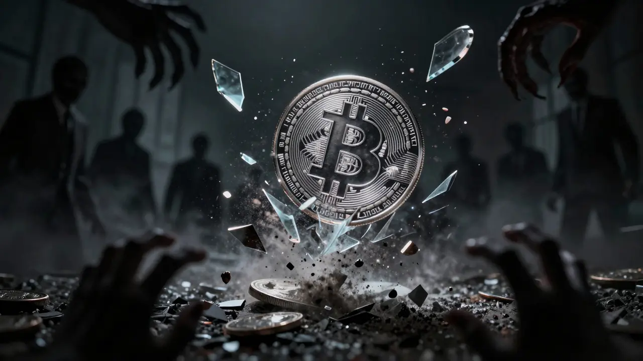 Une pièce crypto fragile se brisant sous des mains ombreuses