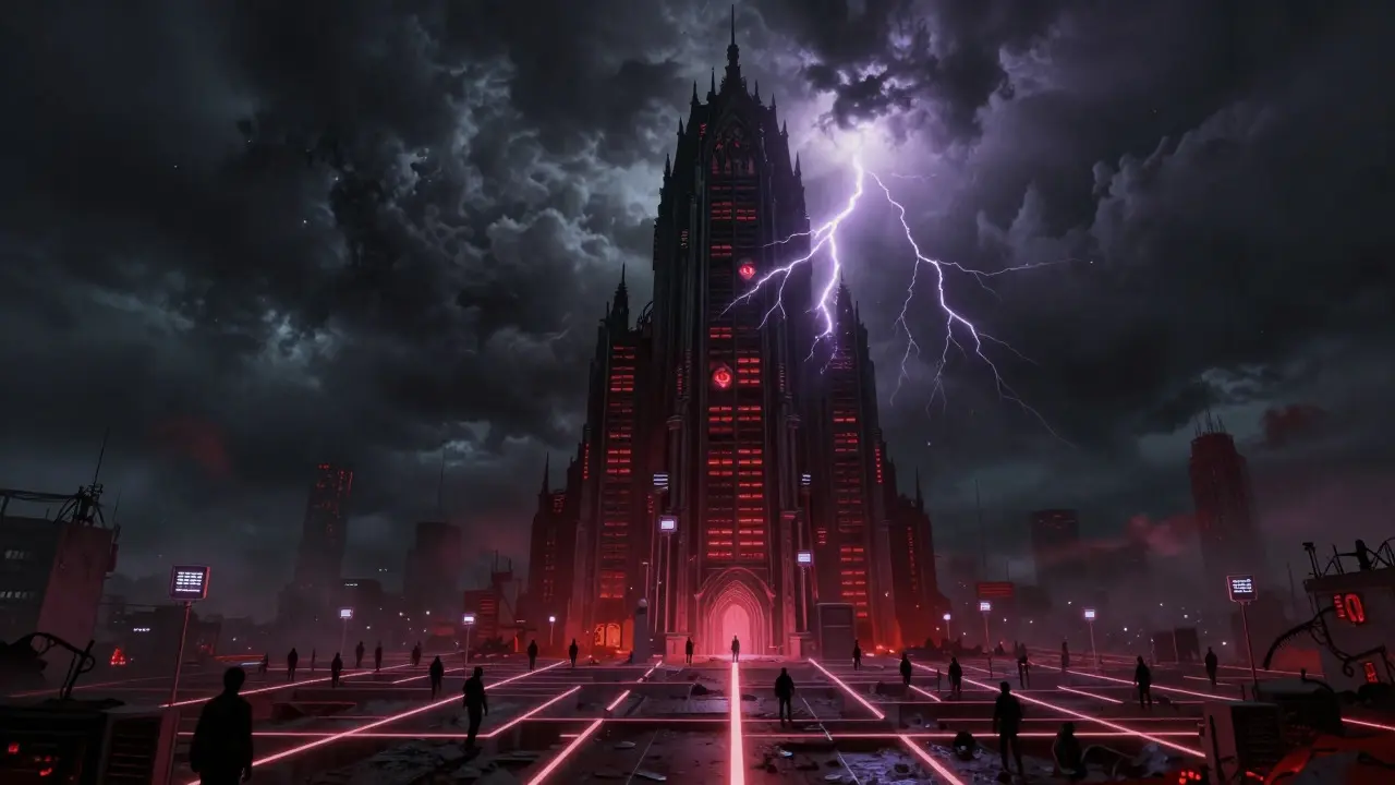 Ville intelligente dystopique avec des serveurs menaçants sous un ciel orageux