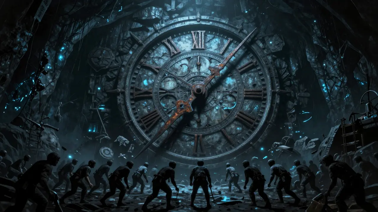 Ancient stone clock with jagged hands and shadowy figures in a dark cave