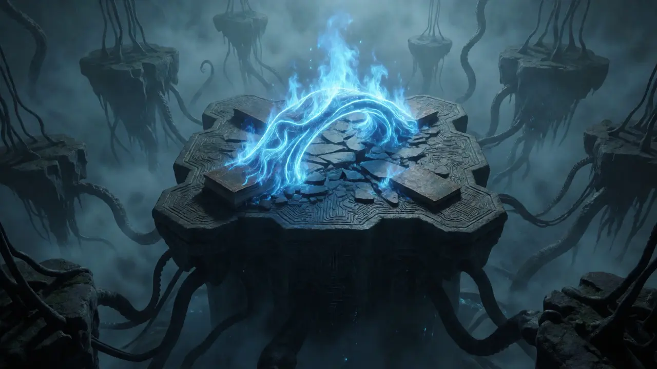 Autel ancien consumant des fragments de registres sous des flammes bleues numériques.