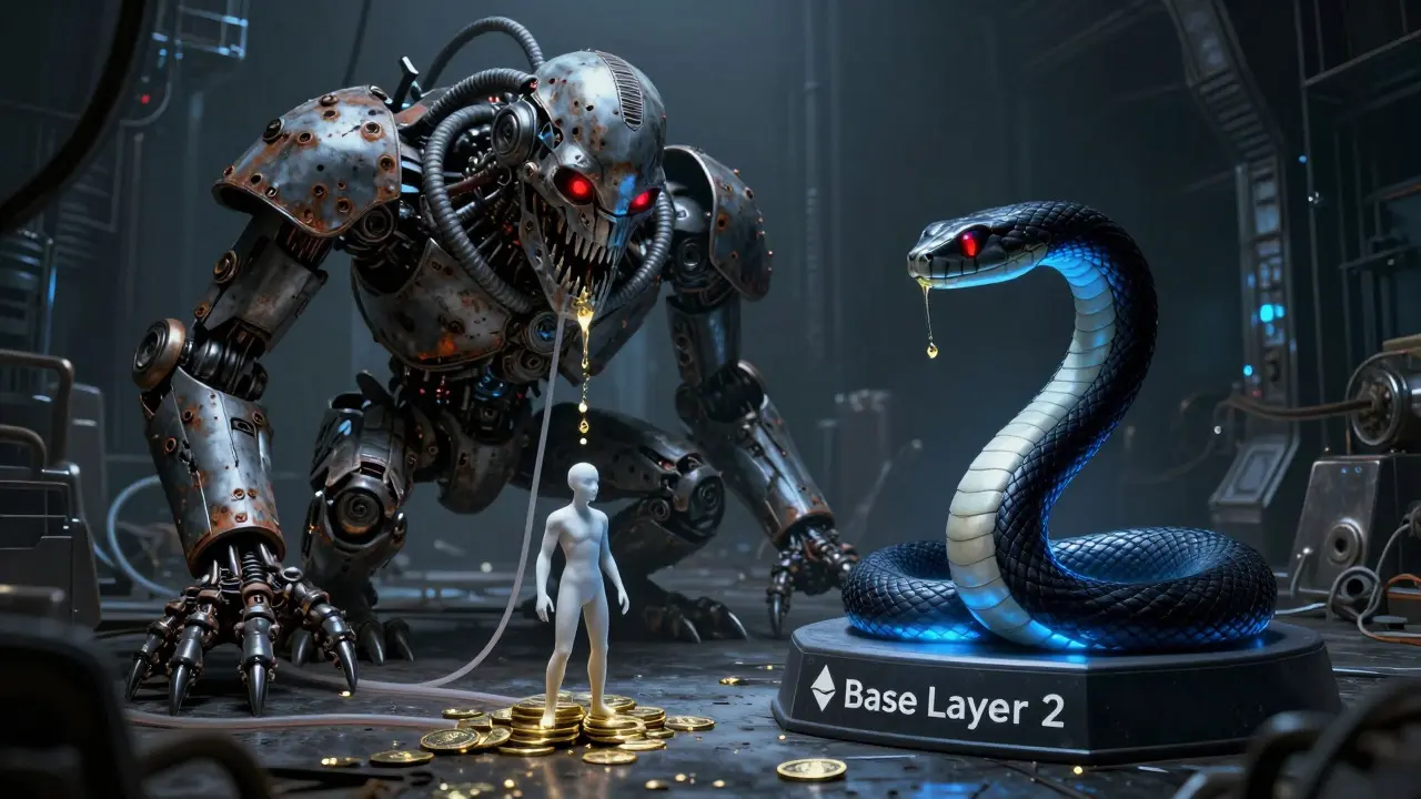 Bête mécanique effrayante drainant l'or d'une personne près d'un serpent bleu lumineux