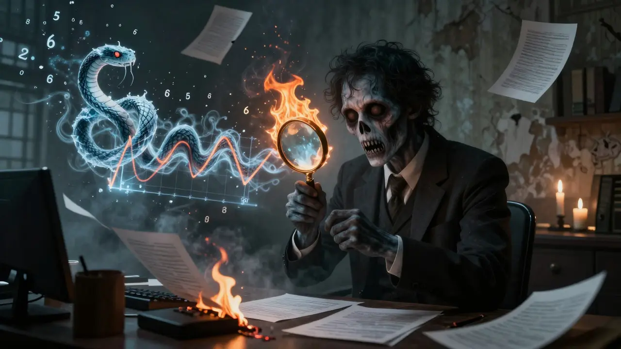 Comptable spectral évaluant des actifs volatils dans un bureau gothique et chaotique