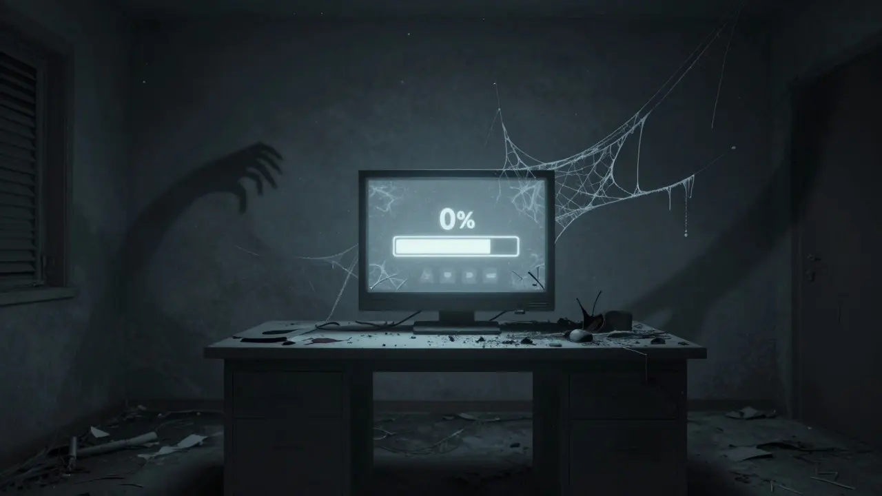 Écran vide et poussiéreux symbolisant l'abandon du site