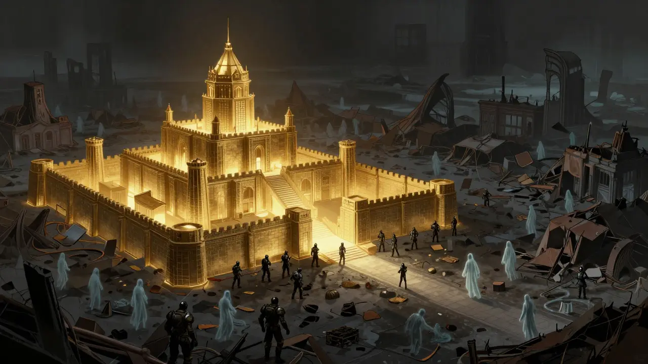 Forteresse lumineuse et sécurisée contrastant avec les ruines sombres d'un marché effondré