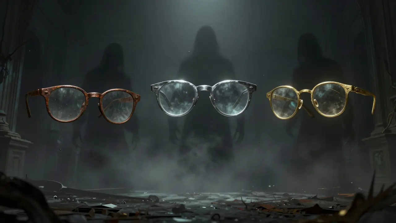 Lunettes fantomatiques et maléfiques flottant dans la brume