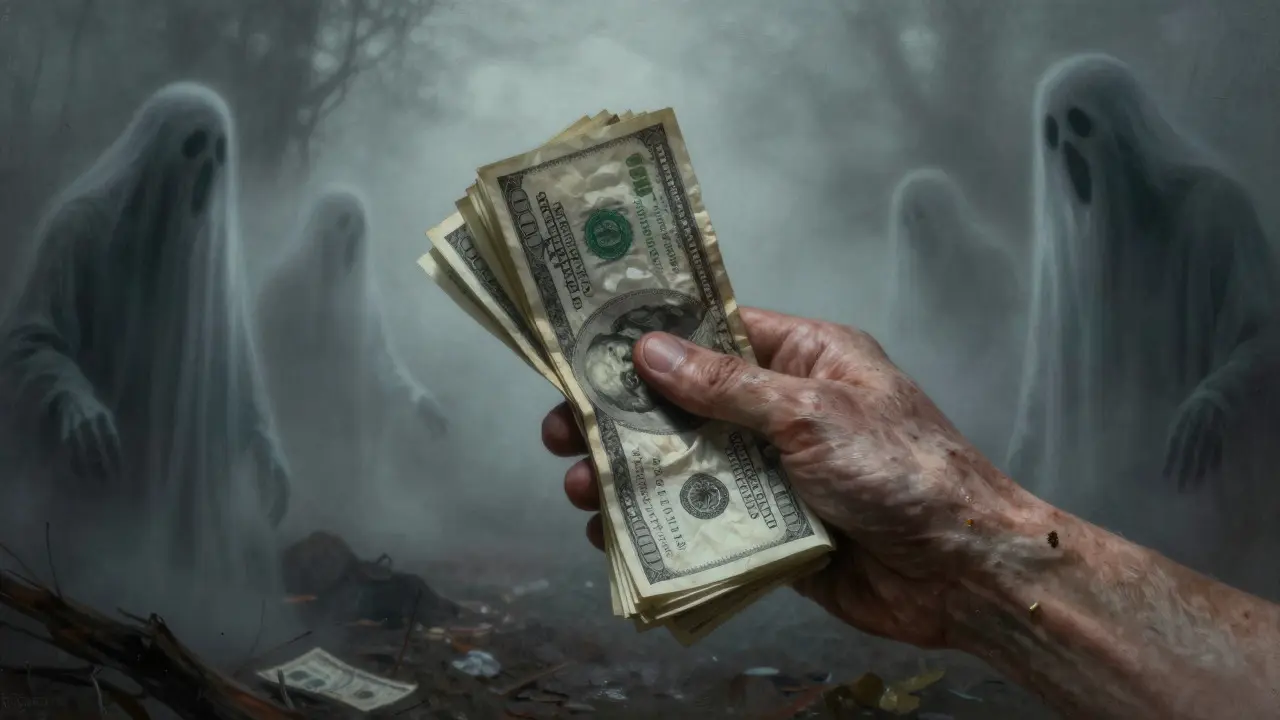 Main serrant des billets de banque protégés d'une brume sombre et spectrale
