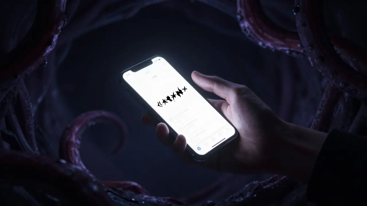 Main sortant des ténèbres tenant un téléphone avec une lumière aveuglante