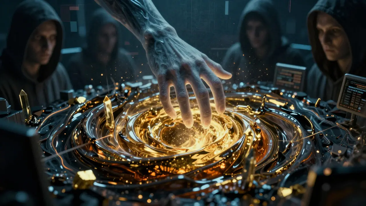 Main spectrale plongeant dans un tourbillon d'or liquide et d'ombres symbolisant la liquidité