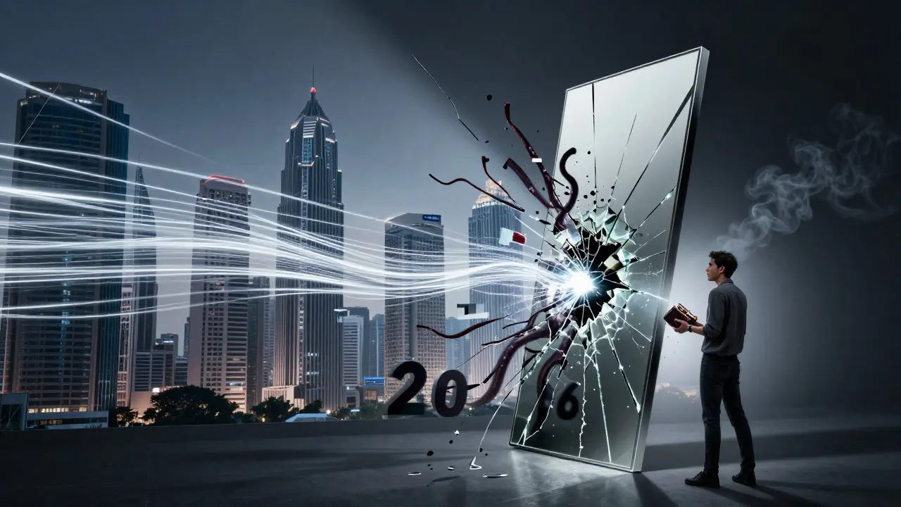 Miroir fissuré reflétant une skyline financière futuriste et chaotique