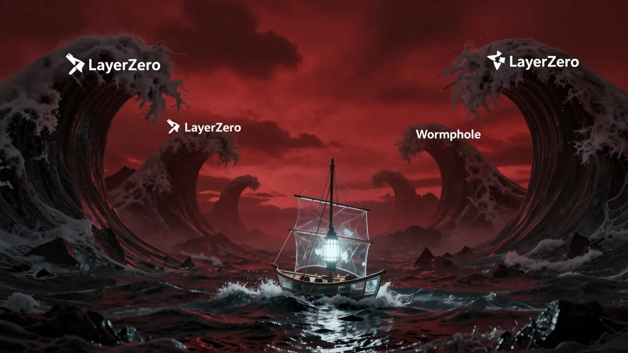Navire fragile naviguant dans des eaux troubles sous un ciel rouge sang, symbole de la volatilité