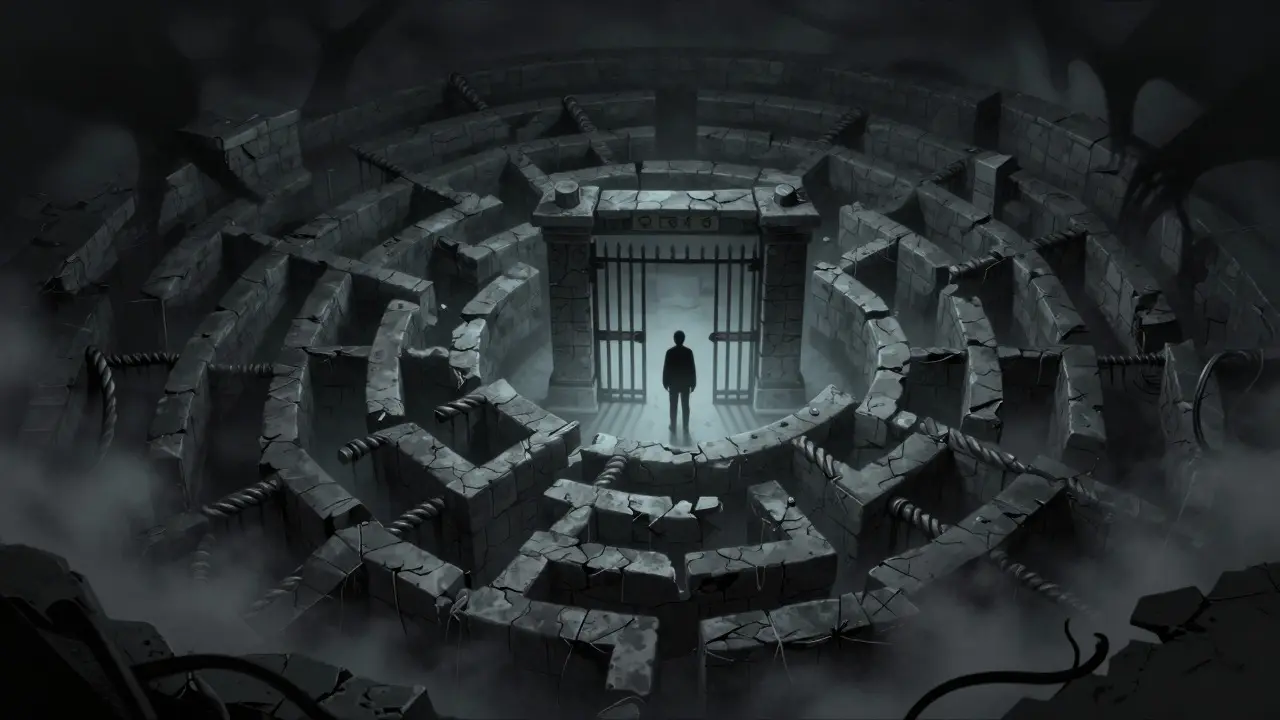 Personne isolée dans un labyrinthe sombre et brumeux