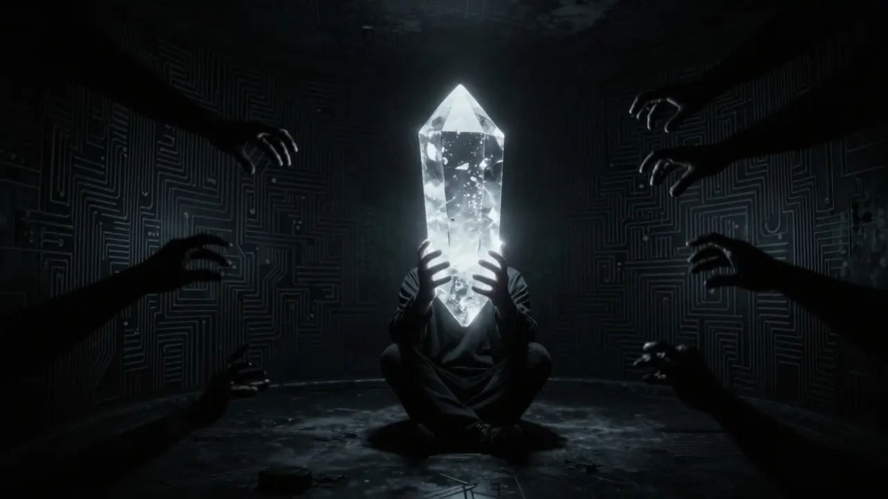Personne tenant un cristal lumineux dans une pièce sombre entourée d'ombres menaçantes