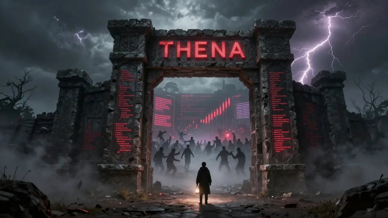 Porte en pierre massive dans une brume désolée, symbole de la barrière vers le DeFi complexe