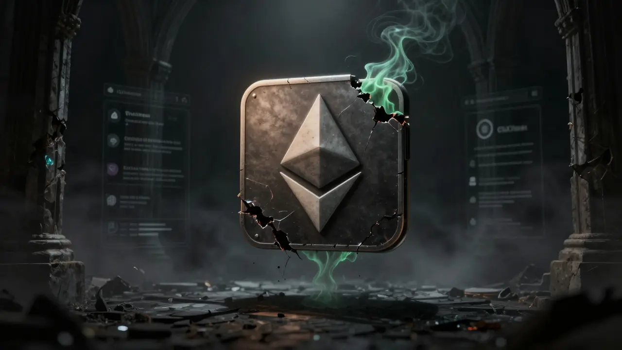 Portefeuille Ethereum fissuré et isolé dans un vide brumeux et gothique