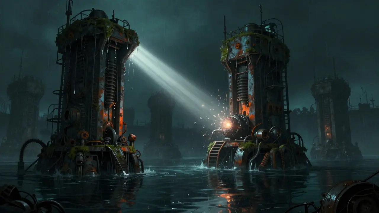 Submerged industrial mining machines in a dark, murky lake under a spotlight