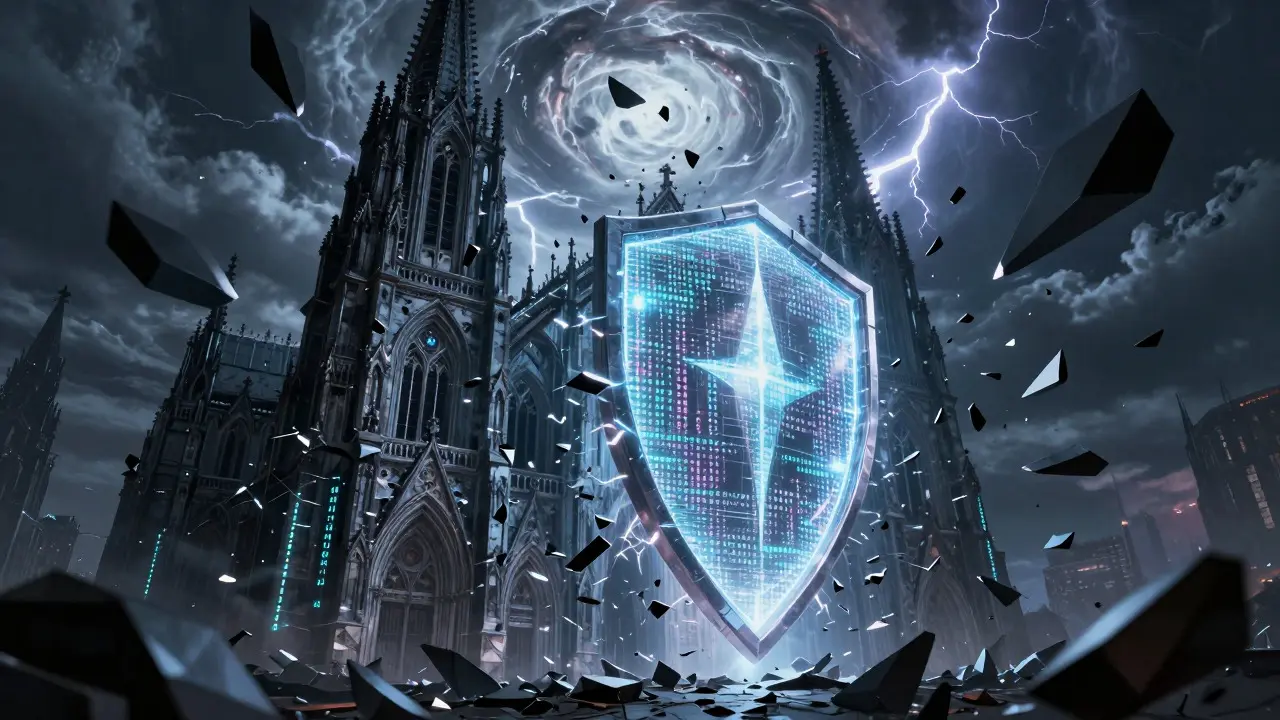 Un bouclier de cryptographie résiste à la destruction par des éclats géométriques noirs.
