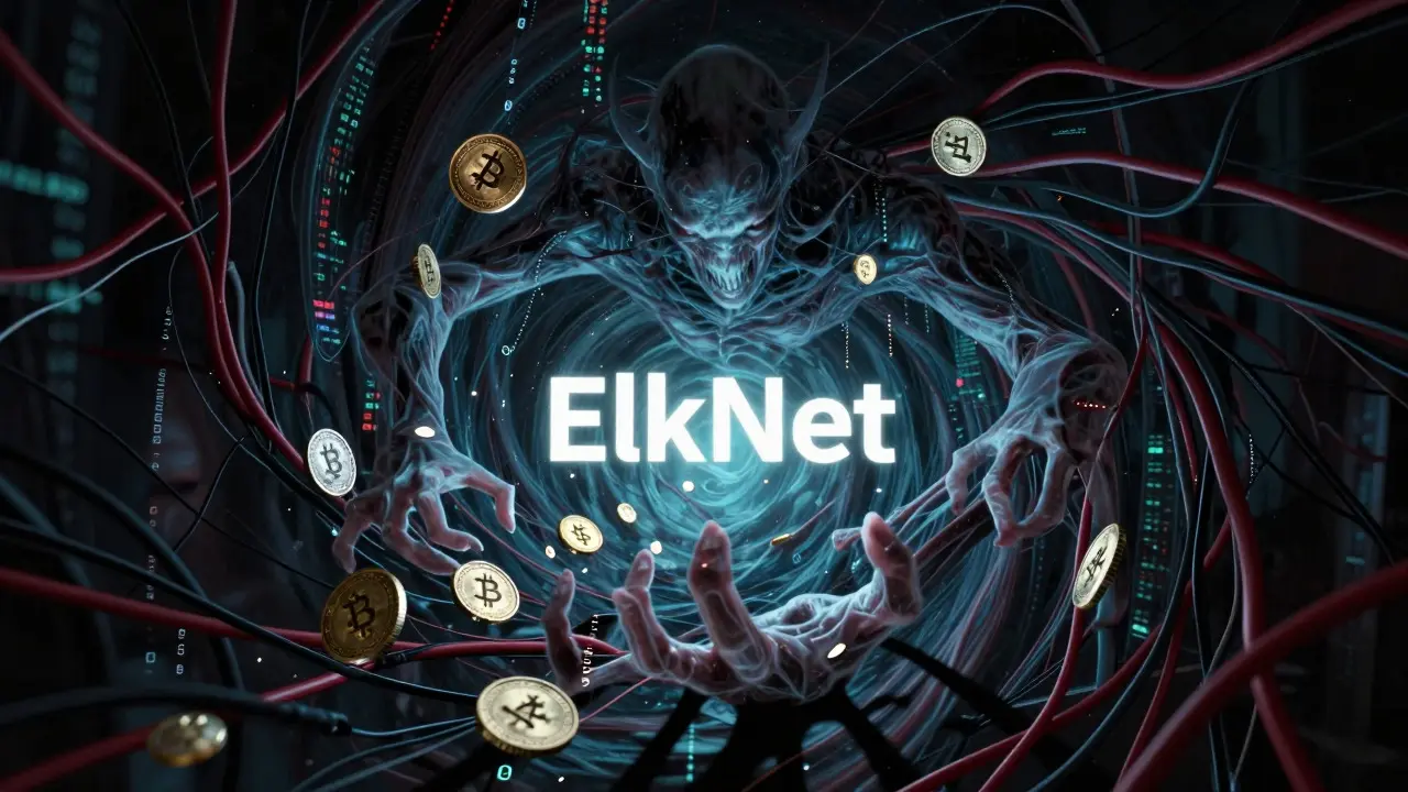 Une entité sinistre saisissant des cryptos dans un vortex de données effrayant