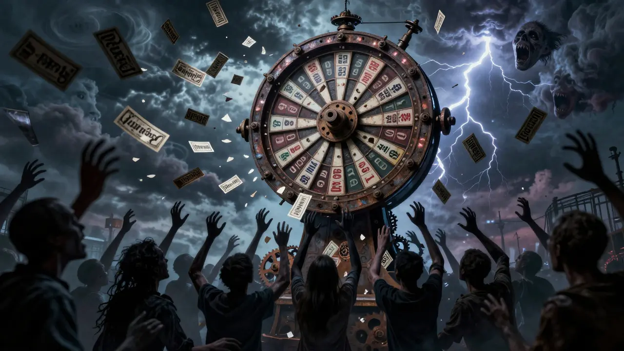 Une roue de loterie mécanique chaotique au-dessus d'une foule effrayée