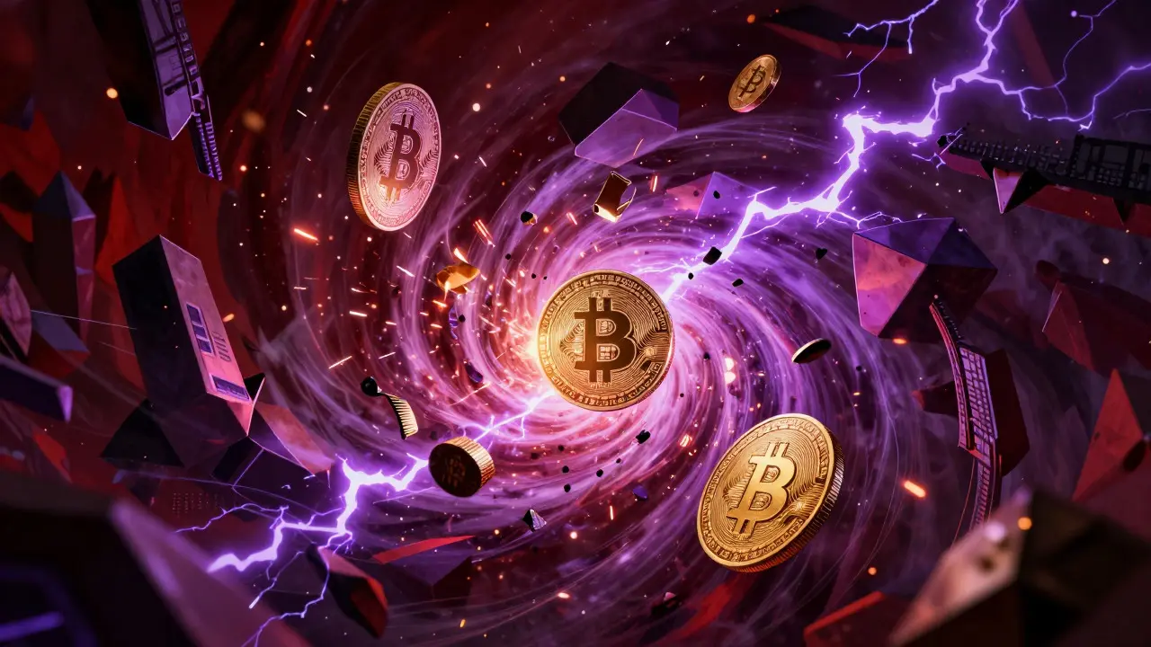 Vortex chaotique de jetons cryptographiques affrontant des structures géométriques rigides