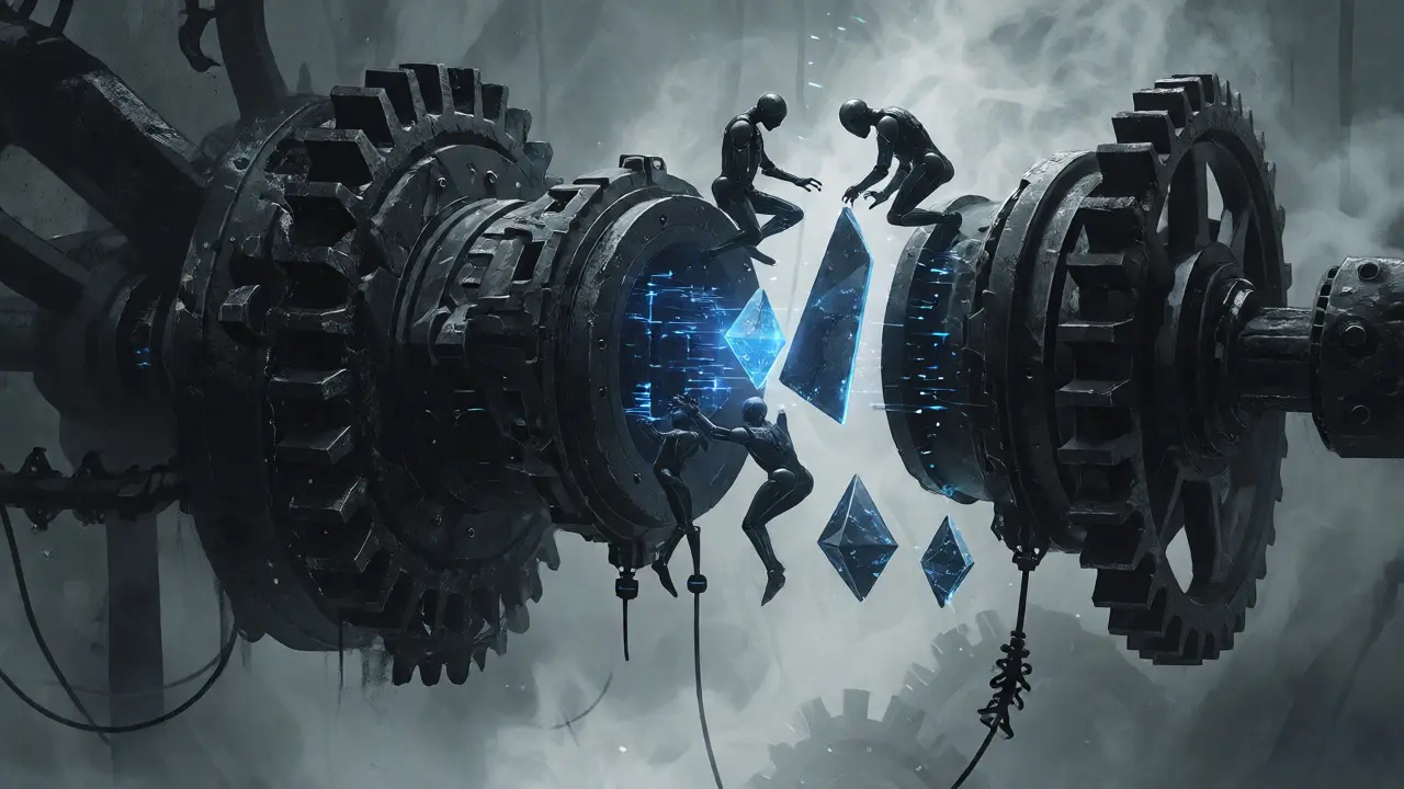 Automates assemblant des cristaux lumineux dans une machine gothique industrielle.