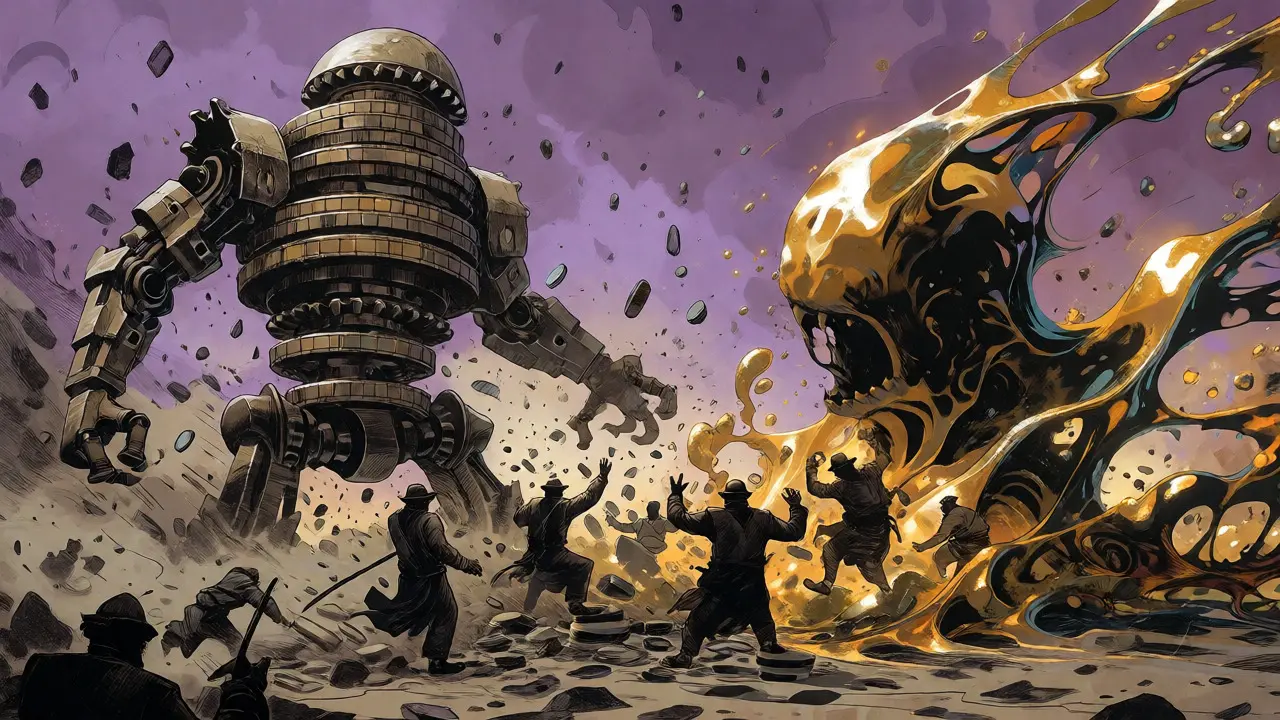 Bataille apocalyptique entre un golem mécanique et une masse liquide dorée.
