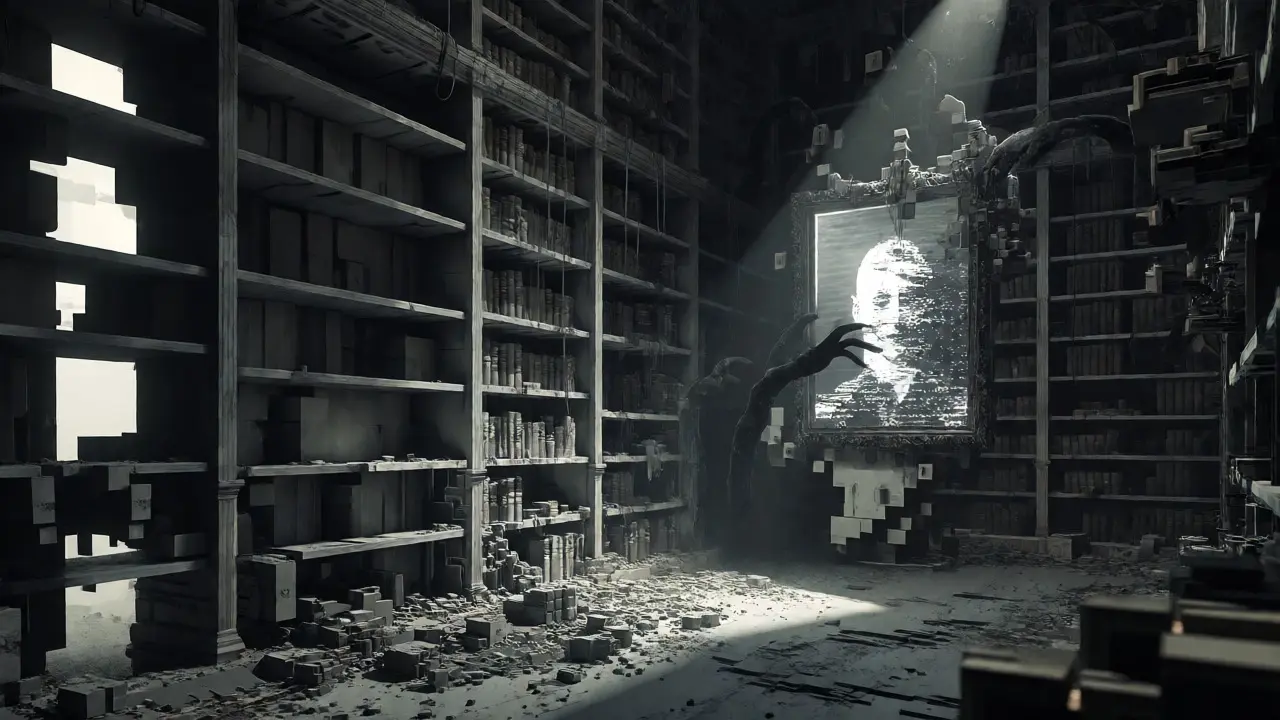 Bibliothèque numérique en ruine avec une image de NFT corrompue par le pourrissement du lien.