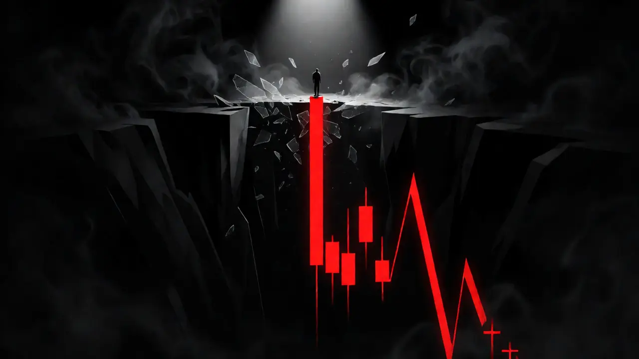Chute libre d'un graphique boursier rouge plongeant dans un abîme noir