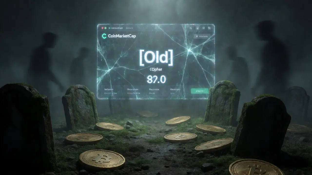 Cimetière cyberpunk de tokens abandonnés avec projection holographique floue.