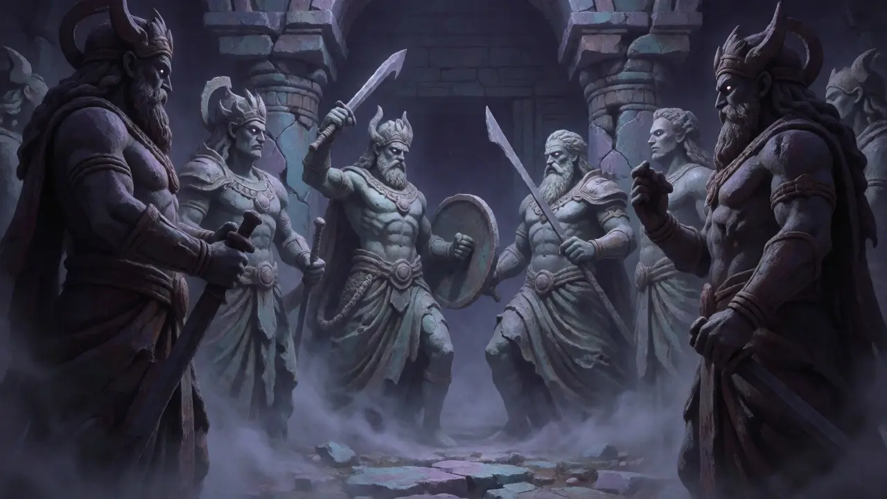 Dieux mythologiques en statues de pierre fissurées dans un temple abandonné et brumeux