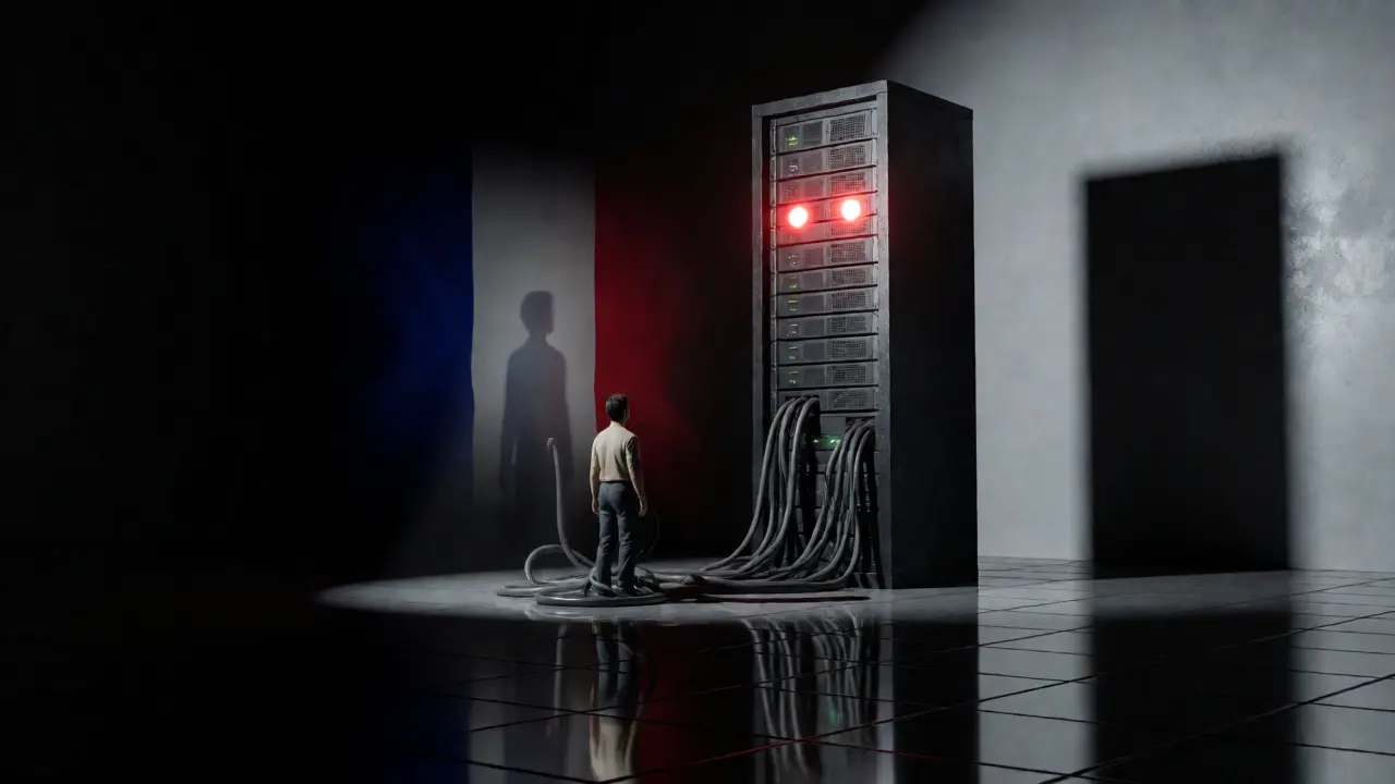Figure humaine face à un serveur menaçant aux yeux rouges dans une pièce obscure.