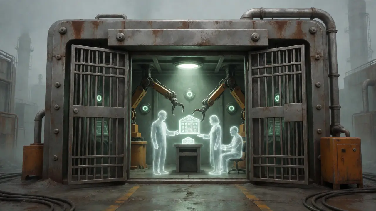Forteresse industrielle gardant les actifs réels tokenisés sous surveillance stricte.