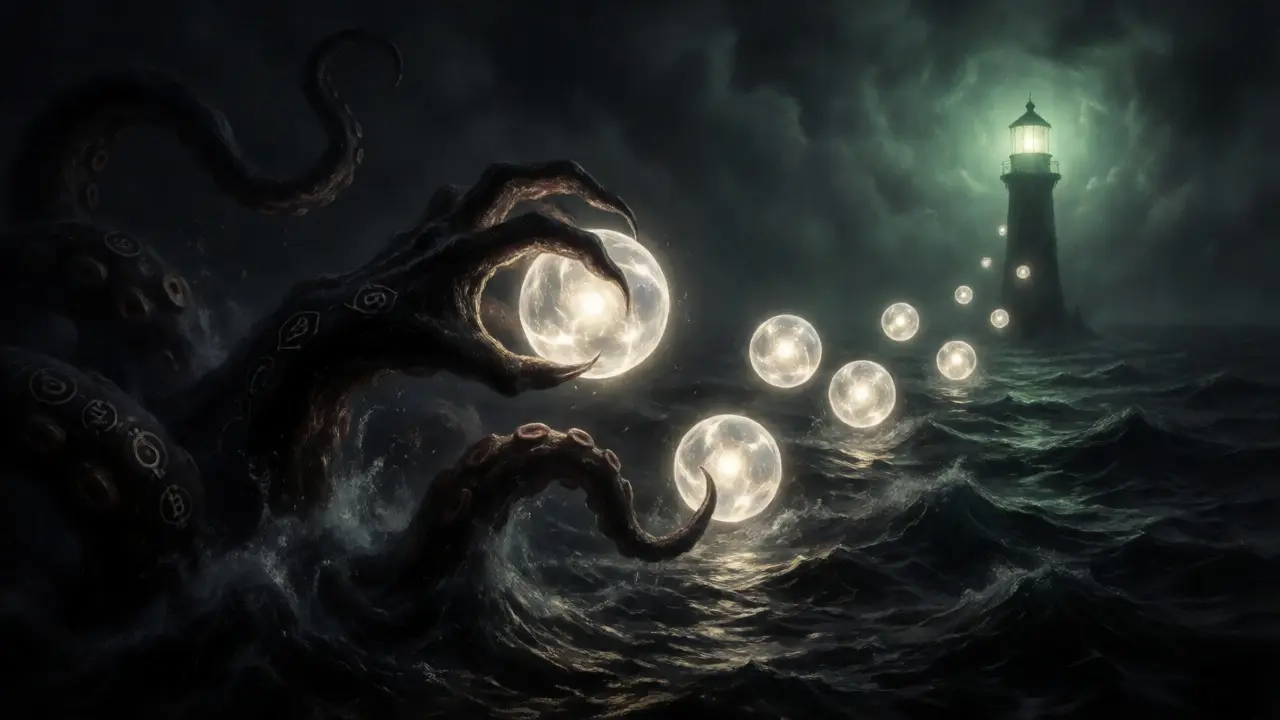 Fuite des lumières crypto loin d'une ombre tentaculaire