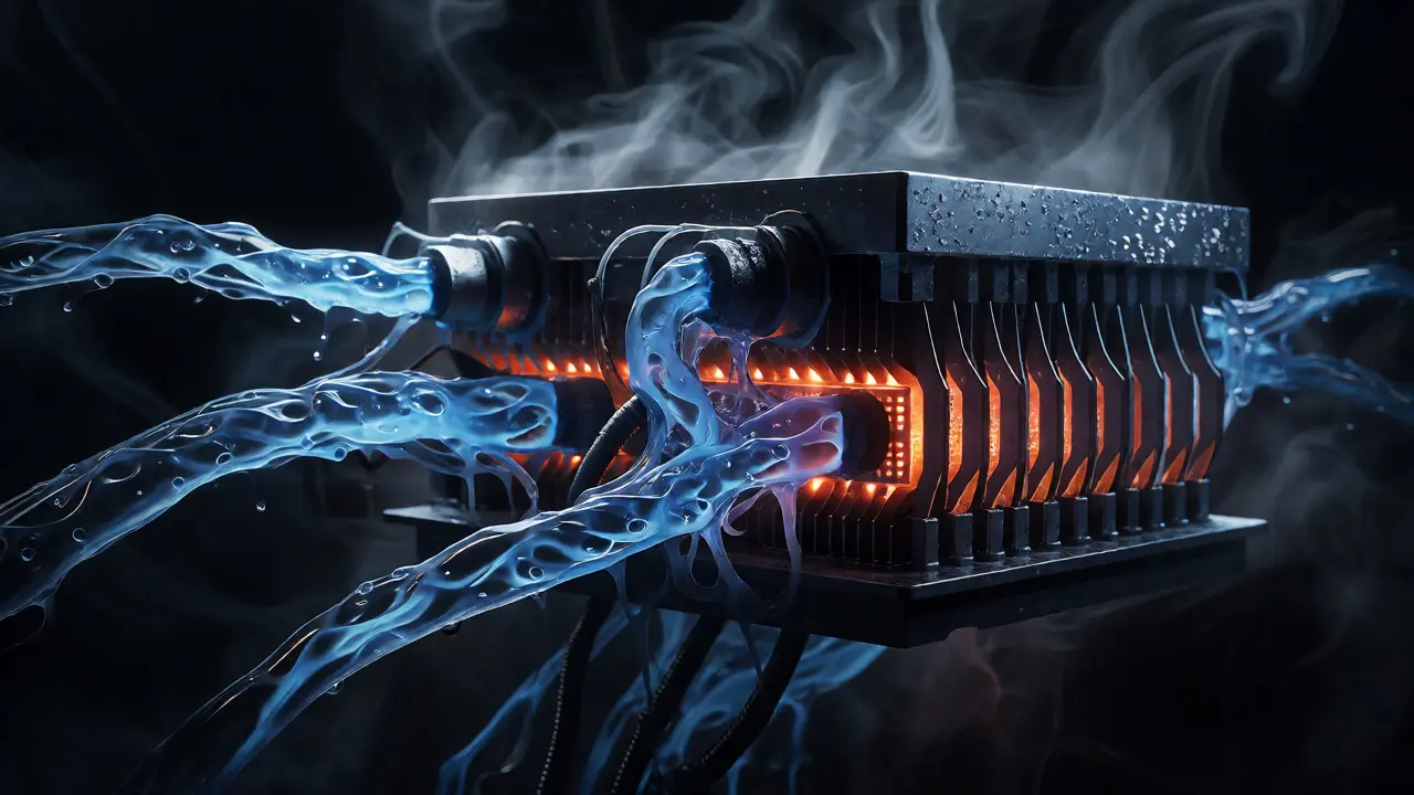 Gros plan d'un ASIC refroidi par liquide aux tuyaux organiques et lueur bleue inquiétante.