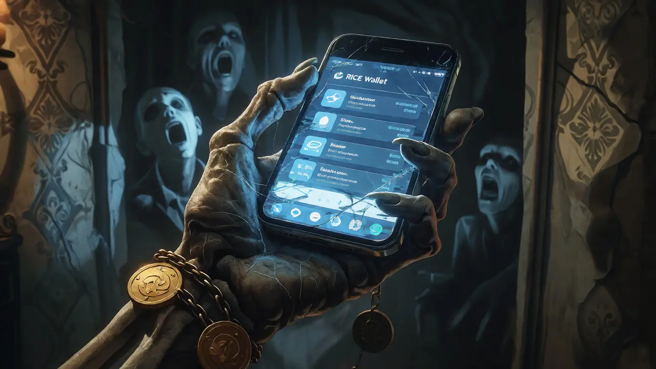 Main squelettique tenant un smartphone avec le wallet RICE, entourée de visages spectraux de gagnants.