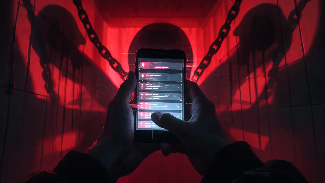 Mains tenant un smartphone lumineux avec des ombres menaçantes de coffres-forts en arrière-plan.