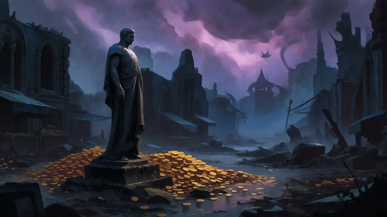 Marché désolé au crépuscule avec une statue solitaire entourée de pièces d'or dispersées dans la boue.