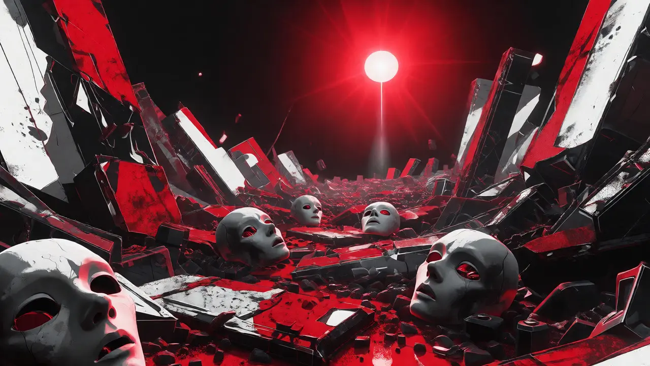 Masques creux abandonnés sur un paysage numérique brisé sous une lumière artificielle froide.