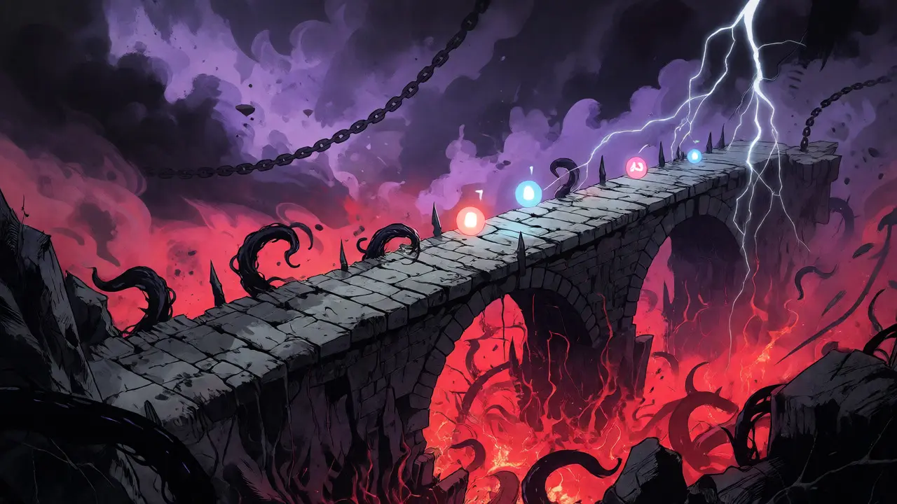 Orbes de lumière traversant un pont précaire au-dessus d'un abysse chaotique.