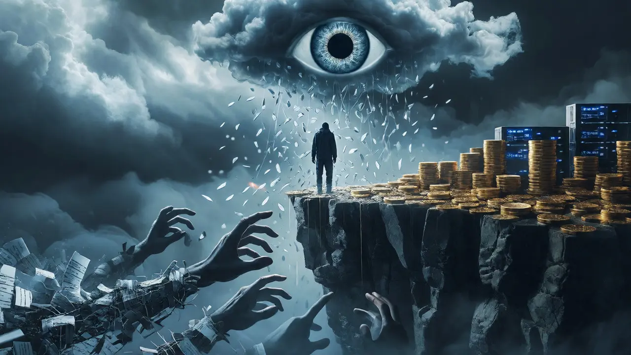 Personnage au bord d'une falaise de pièces d'or avec des mains fantômes du fisc en dessous.