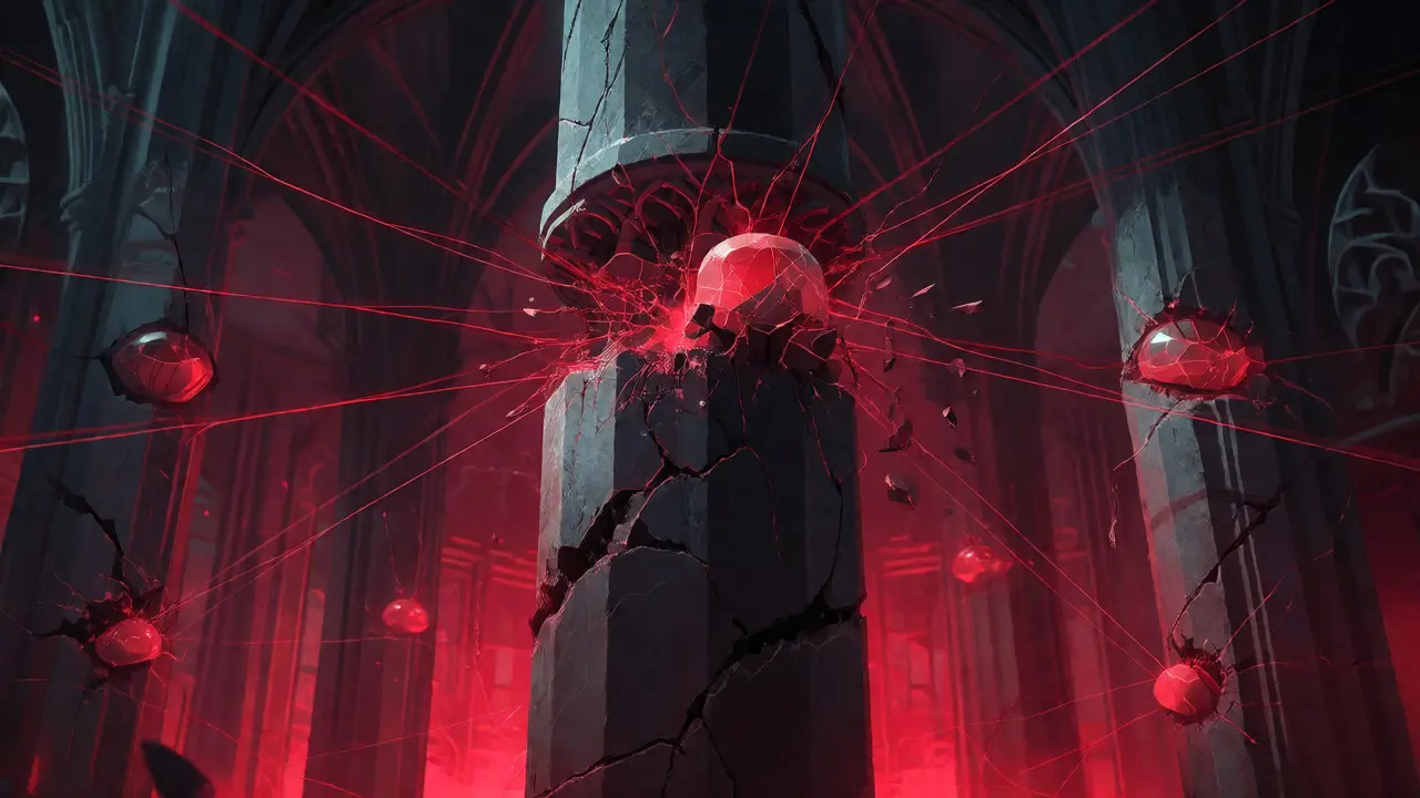 Pilier de pierre fissuré avec des fils rouges cassant des structures en verre simultanément.