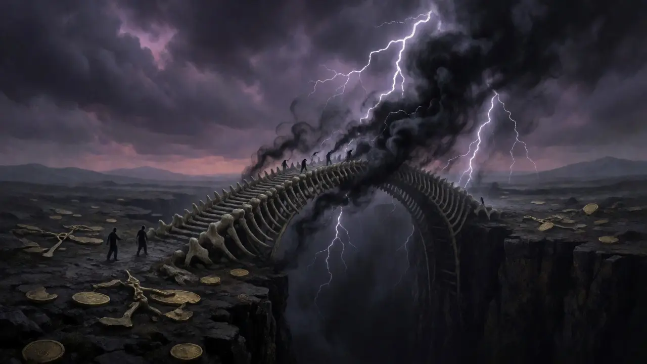 Pont d'os sur un abîme sombre sous une tempête, symbolisant la volatilité du marché.