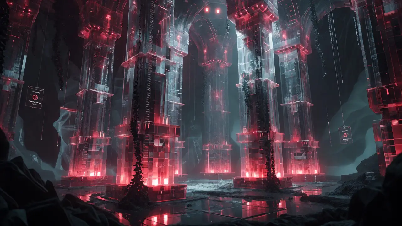 Représentation gothique de l'infrastructure blockchain sous forme de cathédrale de cristaux de données pulsants.