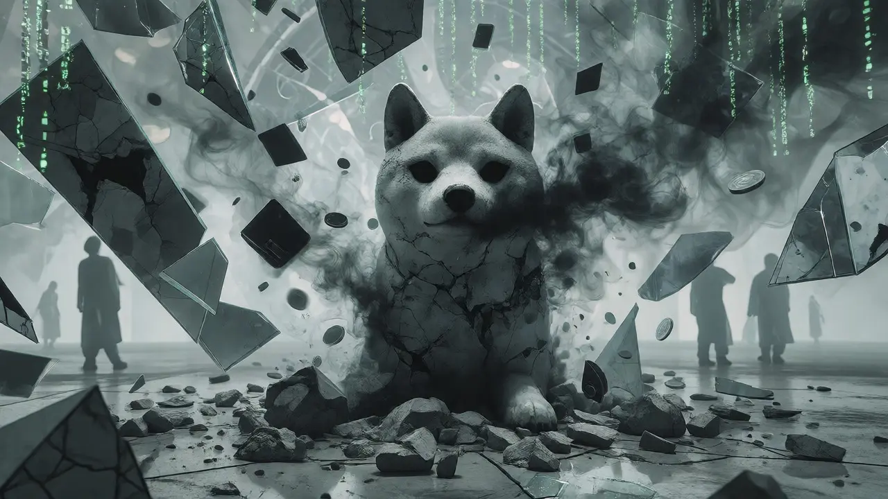 Statue de Shiba Inu brisée émettant de la fumée noire dans un tourbillon chaotique.